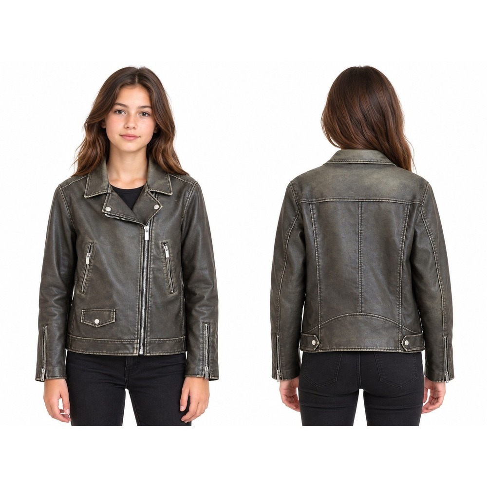 ZARA OUTERWEAR Green FAUX LEATHER POCKETS MOTO BIKER JACKET Womens XS Or Kids 14